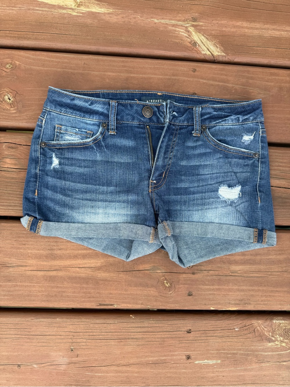 Aeropostale Blue Distressed Roll-Cuff Denim Shorts